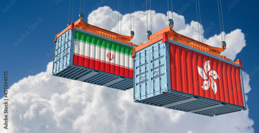 Freight containers with Iran and Hong Kong flags. 3D Rendering 
