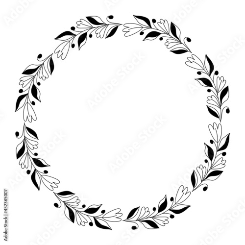 Wreath floral hand drawn with leaves and flowers  round frame vector clipart