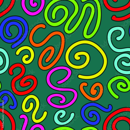  seamless colorful abstract pattern with the image of randomly arranged curved lines in a cartoon style for prints on fabric, packaging, clothing and for interior decoration, covers, frames in a child