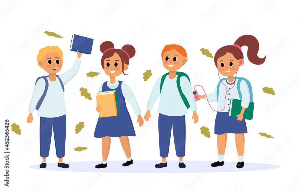 Collection of young schoolchildren. Boys and girls in school uniforms with books and backpacks go to class. Poster with friends and autumn leaves. Cartoon flat vector set isolated on white background Collection of young schoolchildren. Boys and girls in school uniforms with books and backpacks go to class. Poster with friends and autumn leaves. Cartoon flat vector set isolated on white background