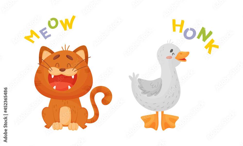Fototapeta premium Cute baby animals making sounds set. Cat and goose saying meow and honk vector illustration