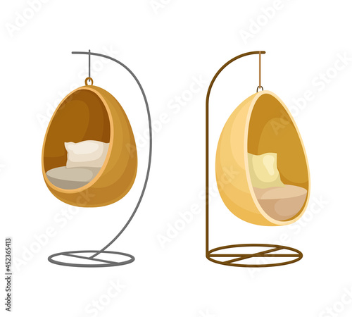 Wicker hanging swing chairs with cushions set vector illustration