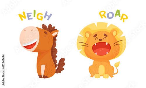 Cute baby animals making sounds set. Horse and lion saying neigh and roar vector illustration © Happypictures