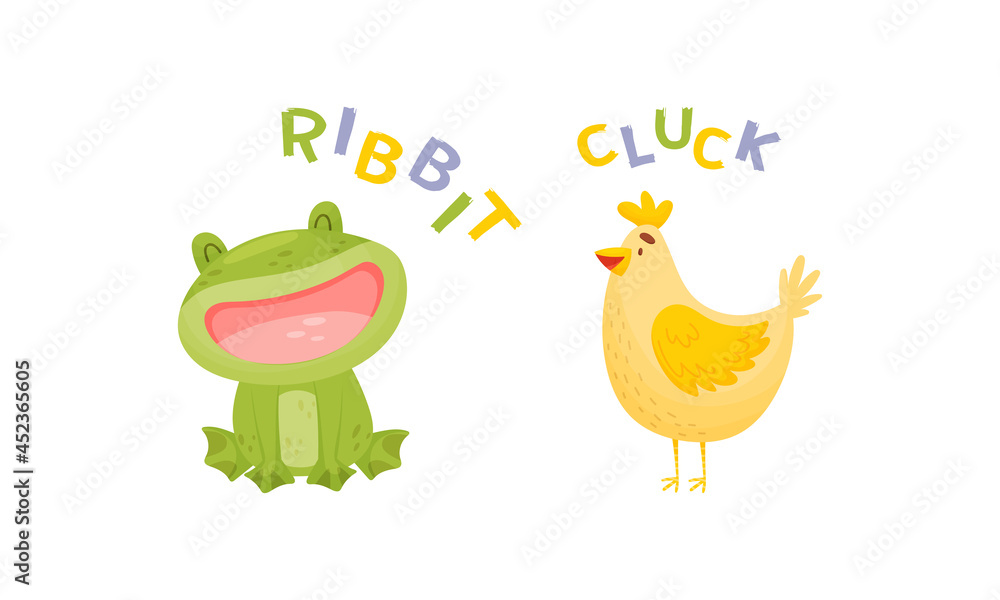 Cute baby animals making sounds set. Frog and hen saying ribbit and cluck vector illustration