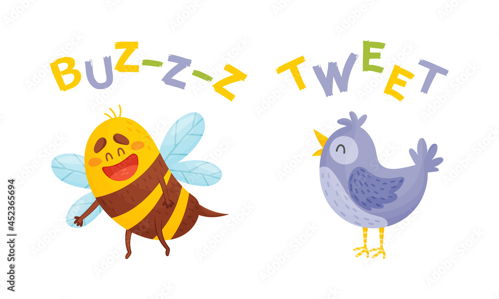 Naklejka premium Cute baby animals making sounds set. Bee and bird saying vector illustration