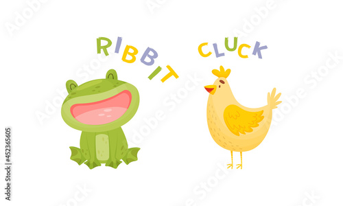 Cute baby animals making sounds set. Frog and hen saying ribbit and cluck vector illustration