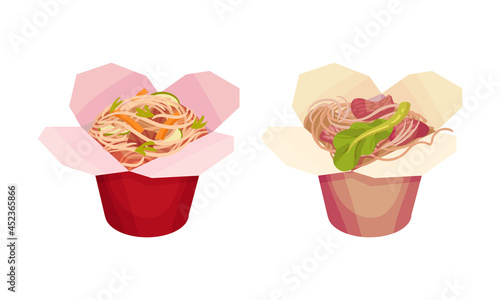 Asian food noodle open box set vector illustration