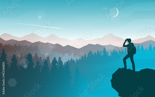 A man watches nature. Traveler on top. Travel concept of discovering, exploring, and observing nature. Hiking tourism. Adventure. Minimalist graphic flyers. Polygonal flat design illustration.