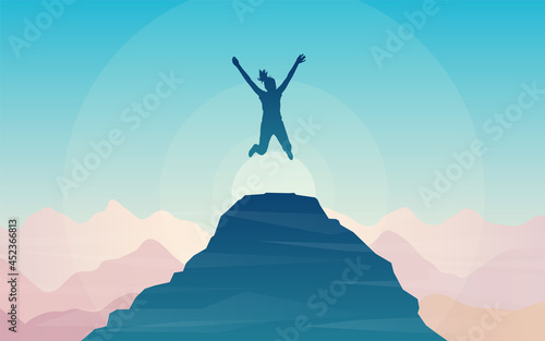 Girl jumping on top of the mountain. Travel concept of discovering  exploring and observing nature. Hiking tourism. Adventure. Minimalist graphic flyers. Polygonal flat design illustration.