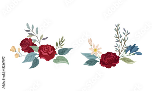 Red rose flowers with green leaves set. Floral decor elements for greeting, invitation card vector illustration