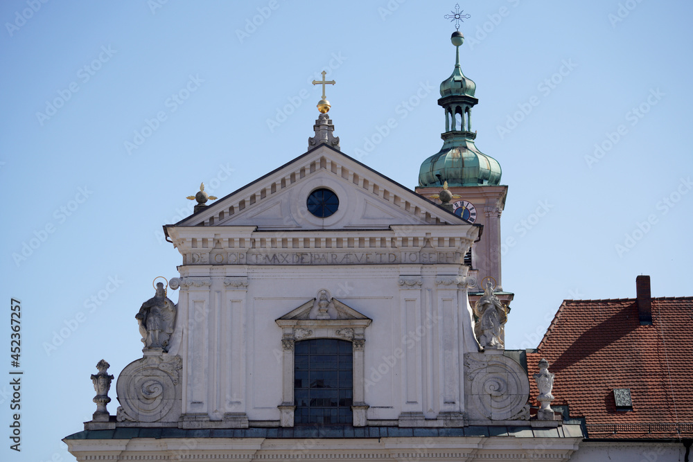 Onion dome with onion helmet or onion dome photographed on a church tower as an architectural roof construction in Bavaria