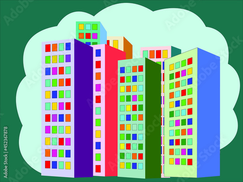 vector illustration depicting multi-storey city buildings in variegated colors for interior decoration, covers, books, albums in children's style