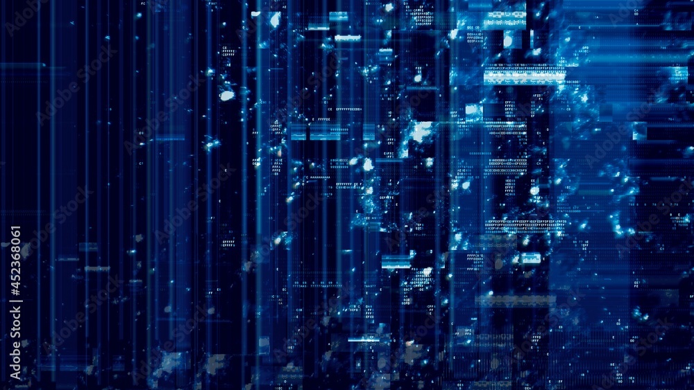 Defected Blue HUD interface 3D Illustration with abstract digital code. Concept glitch background as cyberpunk computer meltdown overlay with fragments and hex code of alien communication decryption Defected Blue HUD interface 3D Illustration with abstract digital code. Concept glitch background as cyberpunk computer meltdown overlay with fragments and hex code of alien communication decryption