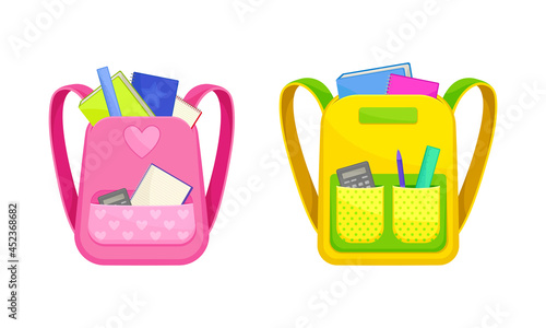 Backpacks full of stationery objects set. School bags with calculator, notebooks, books. Back to school concept vector illustration