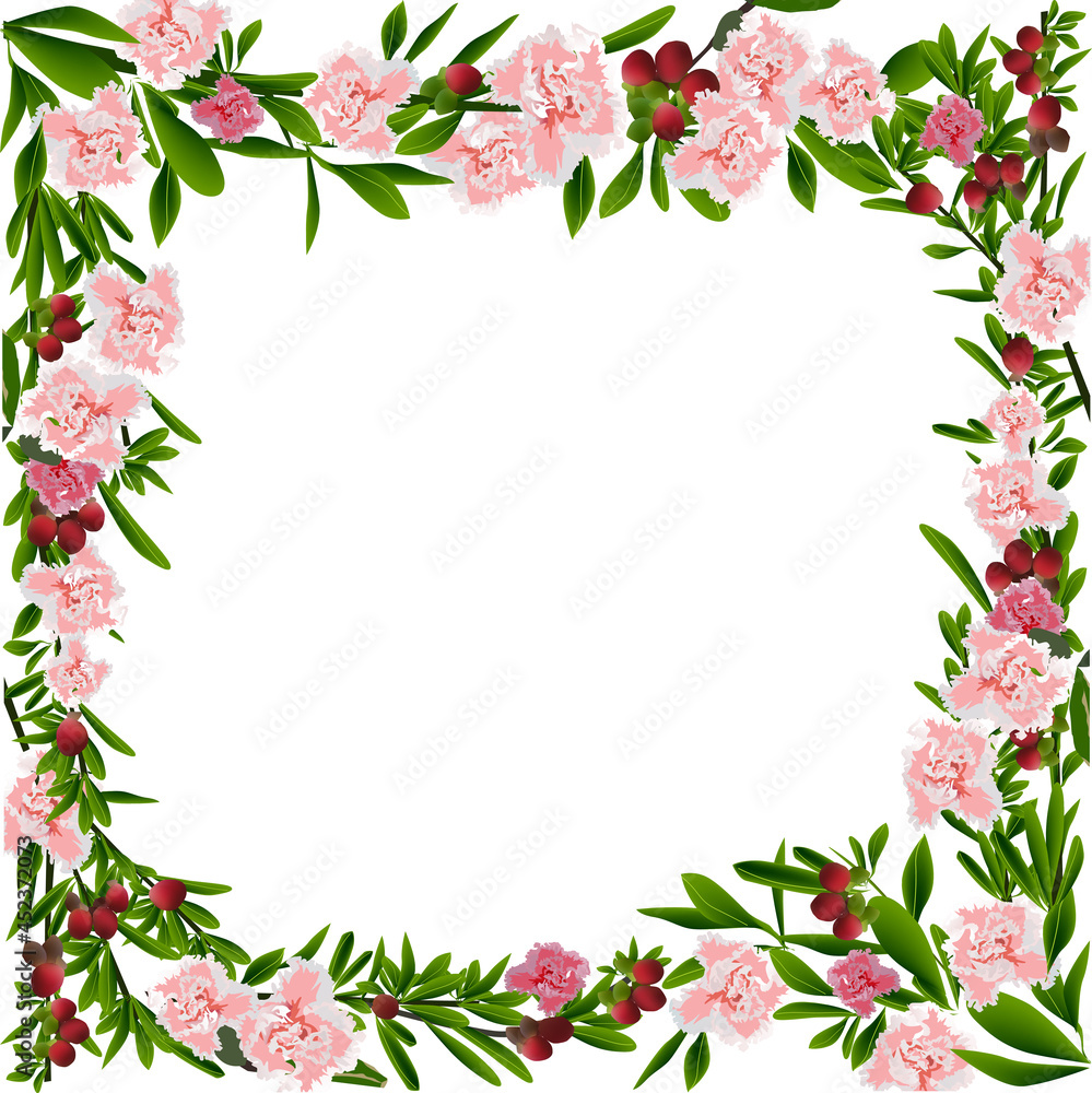 light pink flowers frame isolated on white