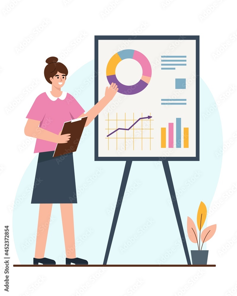 Businesswoman or student with graph and chart on presentation screen. Businesswoman or student with graph and chart on presentation screen.