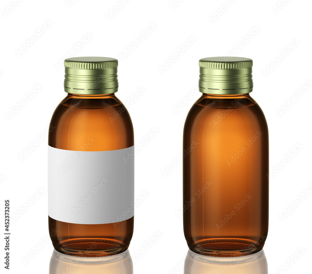 Amber glass bottles 100 ml with metal cap. 100 ml amber bottle mockup for your design. 3d render.
