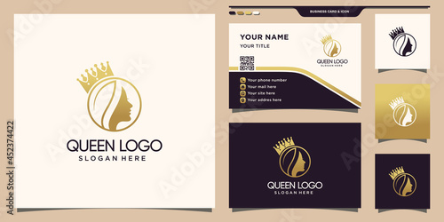 Beauty woman face and crown logo with line art style and business card design Premium Vector
