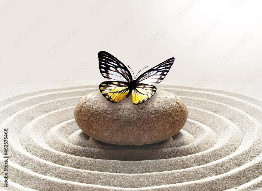 zen garden meditation stone background with stone and lines in sand for relaxation balance and harmony spirituality or spa wellness - obrazy, fototapety, plakaty 