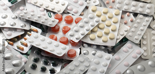 Plates with different pills and capsules texture.