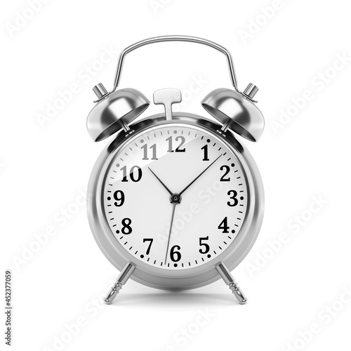 Silver alarm clock isolated on white. 3d rendering.