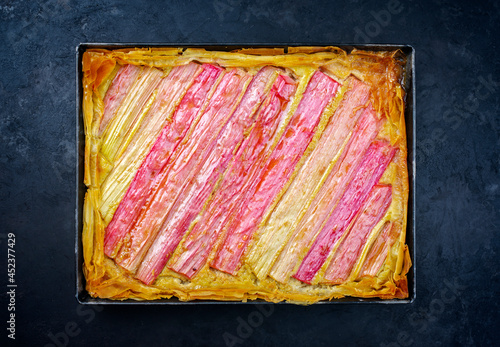 Fotografia Traditional French rhubarb tarte with red wine plant in fresh cheese filling ser