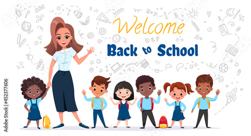 Welcome Back to school concept. Pupils on the uniform smiling with their teacher. Banner design with funny and cute cartoon characters. Vector cartoon illustration isolated on white background