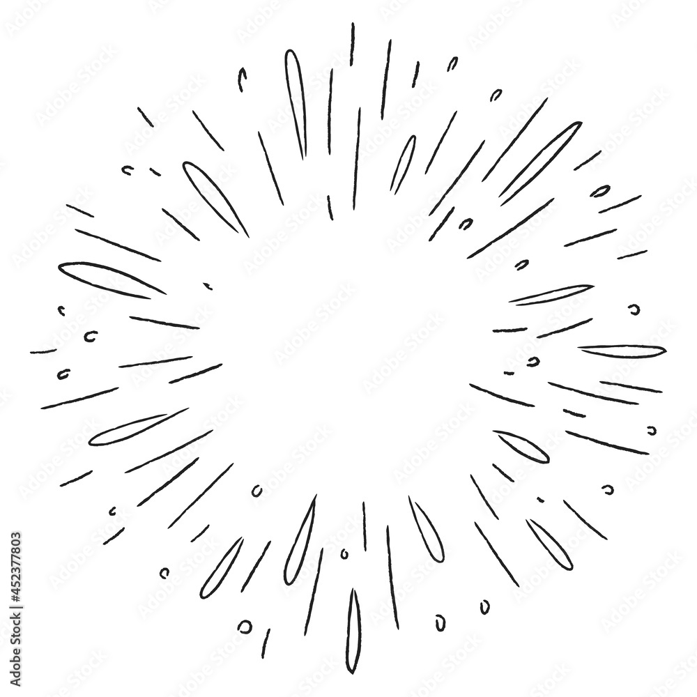 Fototapeta premium Sunburst doodle illustration. Star burst hand drawn linear explosion. Handmade Design elements.