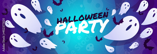 Scary halloween banner. Illustration with flying ghosts and bats on a bright background with halloween party text. Template for website, mailing or advertisement.