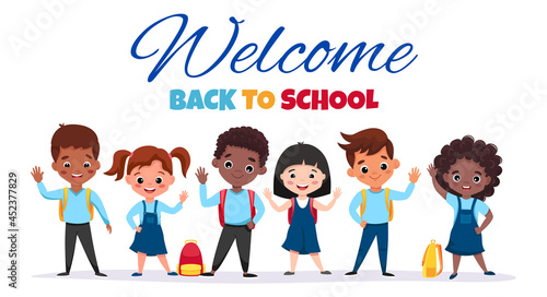 Welcome back to school! Cute school kids with backpacks are happy waving and smiling! Education concept. Cartoon vector illustration. 