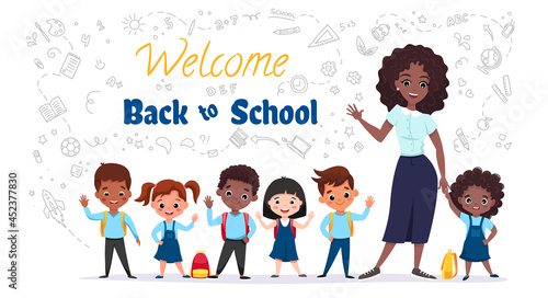 Welcome Back to school concept. Little children smiling with their teacher. Banner design with funny and cute cartoon characters. Vector cartoon illustration isolated on white background