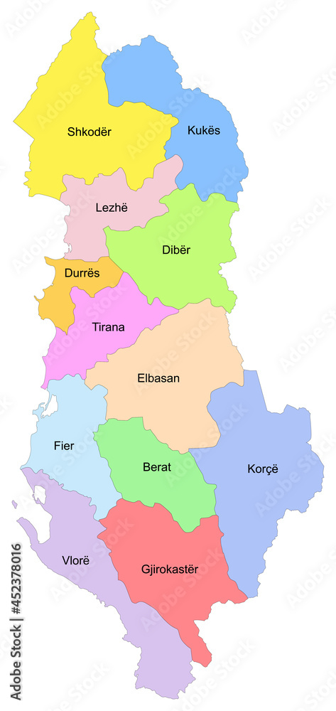 Carte d'Albanie avec représentation des divisions administratives par municipalités - Textes vectorisés et non vectorisés sur calques séparés