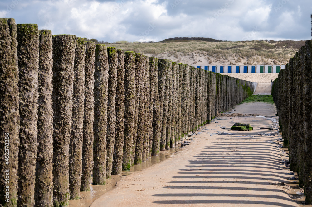 View on wooden poles at white sandy North sea beach near Zoutelande, Zeeland, Netherlands