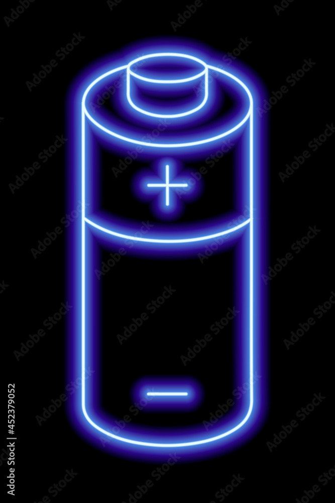 Blue neon outline of battery with plus and minus signs on a black background. Charge sign. Electricity, power Blue neon outline of battery with plus and minus signs on a black background. Charge sign. Electricity, power