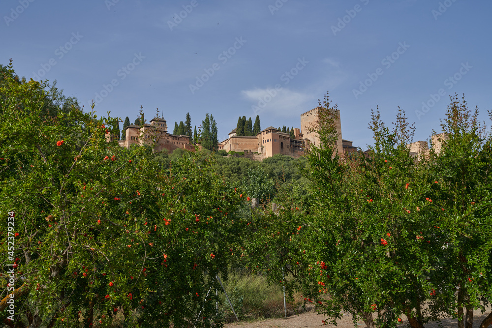Monumental Alhambra in Granada from the Cordoba gardens in Spain. 