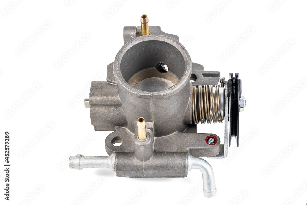 car engine part intake throttle body isolated on white background. auto manifold engine throttle part cut out car engine part intake throttle body isolated on white background. auto manifold engine throttle part cut out