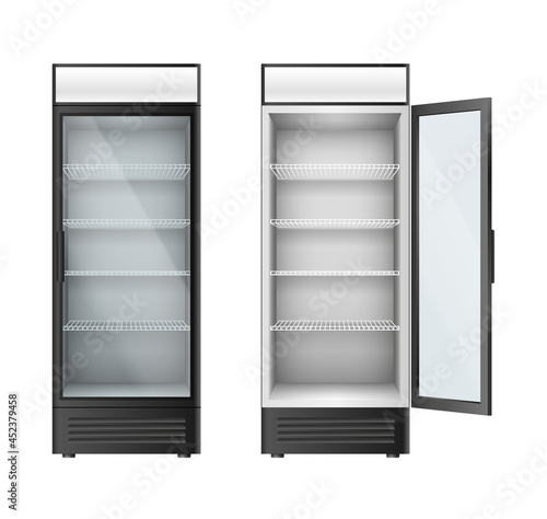 Vertical glass refrigerators showcase for drinks beverage. Fridges with glass doors open or closed