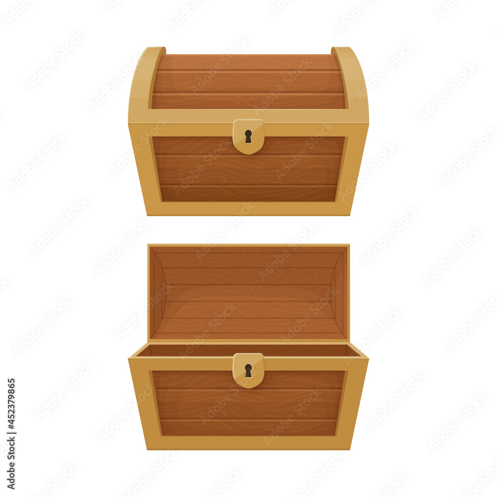 Old wooden and golden chest with opened and closed lid. Pirate treasure. Vintage trunk.Cartoon style illustration. Vector. Old wooden and golden chest with opened and closed lid. Pirate treasure. Vintage trunk.Cartoon style illustration. Vector.