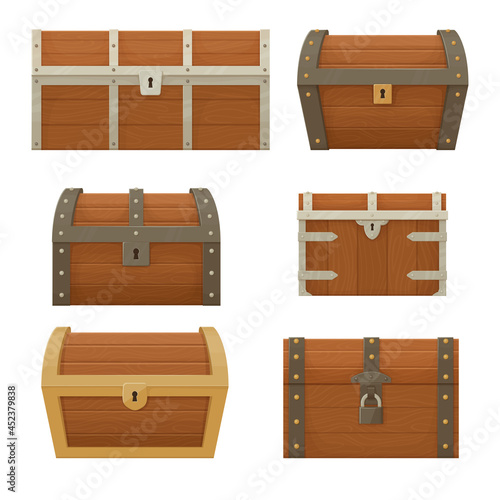 Collection of old wooden chests of various shapes and sizes.  Pirate treasure. Cartoon style illustration. Vector. photo