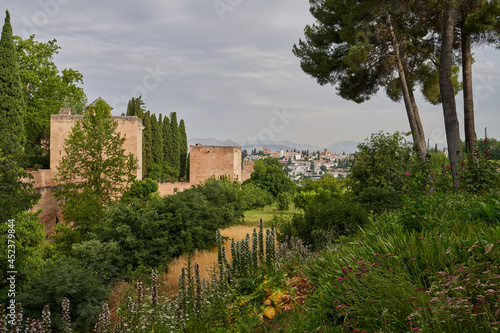 View of the of the Alhambra and Granada gardens in Spain. 
