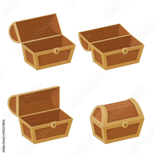 Collection of old wooden chests with open and closed lids.  Pirate treasure. Vintage trunk.Cartoon style illustration. Vector. photo