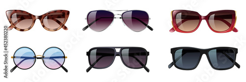 Set of sunglasses, different trendy glasses for sun shine protection. Modern hipster eyewear design