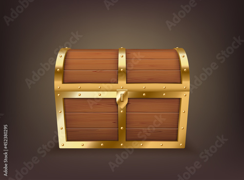 Closed realistic treasure chest, old coffer with golden stripes for gold, money and pirate wealth