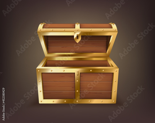 Empty treasure chest, realistic wooden box, open casket isolated. Old trunk for gold or jewelry