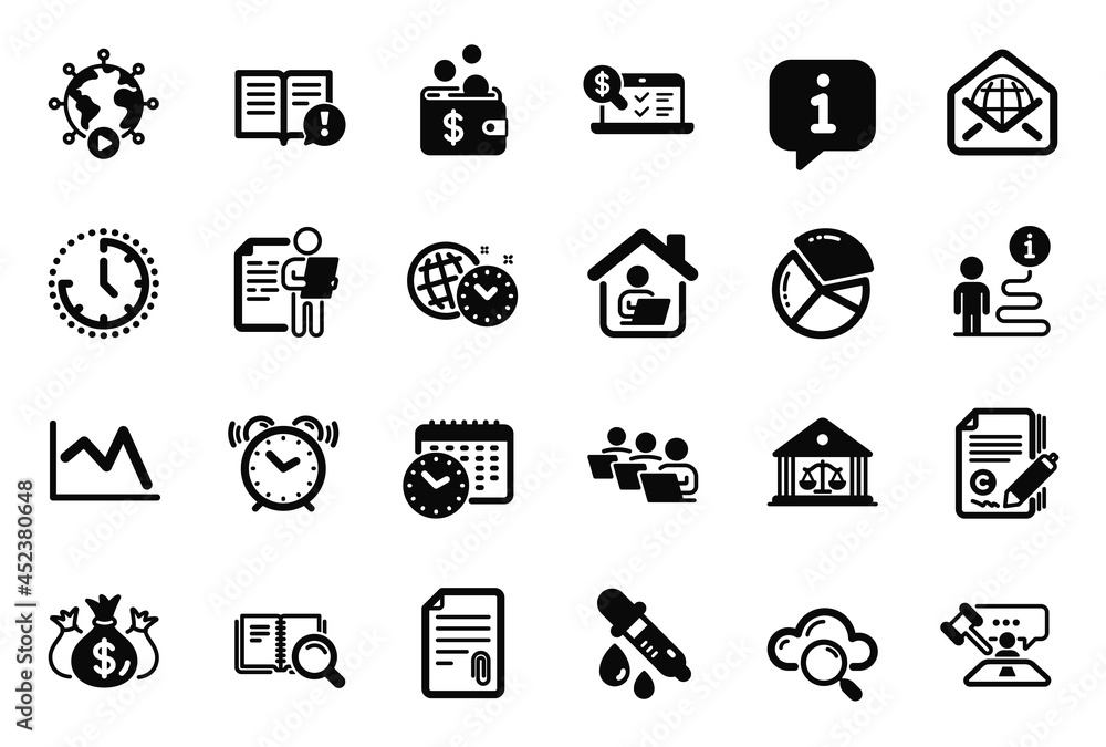 Vector Set of Education icons related to Online accounting, Facts and Cloud computing icons. Calendar time, Check investment and Alarm clock signs. Info bubble, journey path. Vector