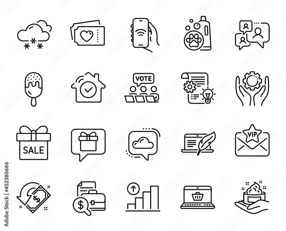 Vector set of Graph chart, Accounting report and Support chat line icons set. Wish list, Pet shampoo and Cloud communication icons. Sale offer, Internet app and Love tickets signs. Vector Vector set of Graph chart, Accounting report and Support chat line icons set. Wish list, Pet shampoo and Cloud communication icons. Sale offer, Internet app and Love tickets signs. Vector