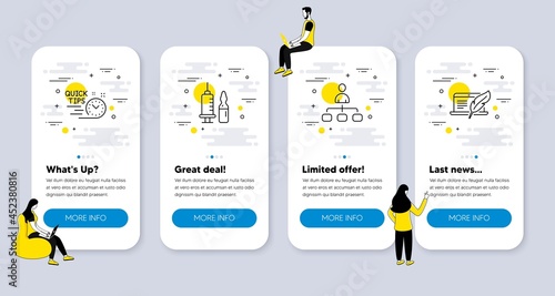 Vector Set of Science icons related to Quick tips, Management and Medical vaccination icons. UI phone app screens with people. Copyright laptop line symbols. Vector