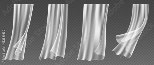 Set of realistic window curtains blowing on wind, fluttering white cloths of transparent textile