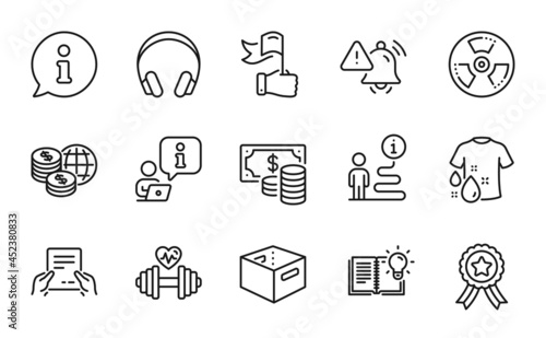 Line icons set. Included icon as Leadership, Headphones, Office box signs. Wash t-shirt, Winner ribbon, Coins banknote symbols. Receive file, World money, Attention bell. Product knowledge. Vector