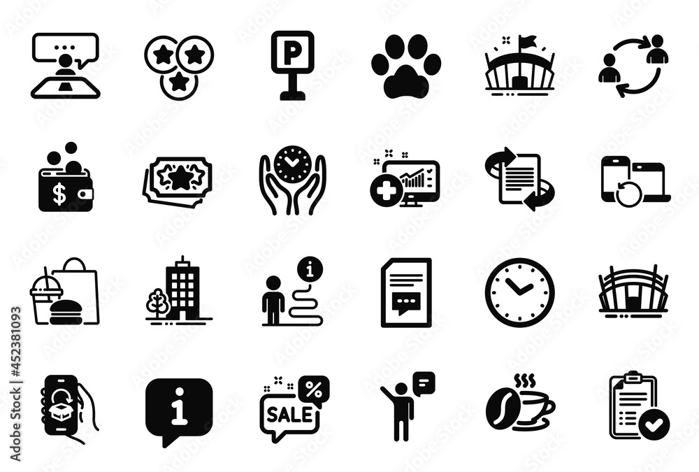 Vector Set of Business icons related to Recovery devices, Arena stadium and Parking icons. Safe time, Dog paw and Coffee cup signs. Time, Loyalty points and Delivery app. Agent, Comments. Vector